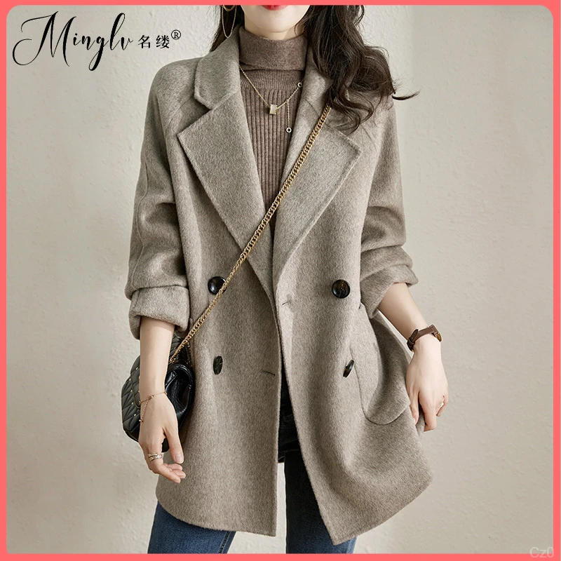 品牌时尚千鸟格小个子双面加厚大衣女2025冬季新款毛呢子外套女