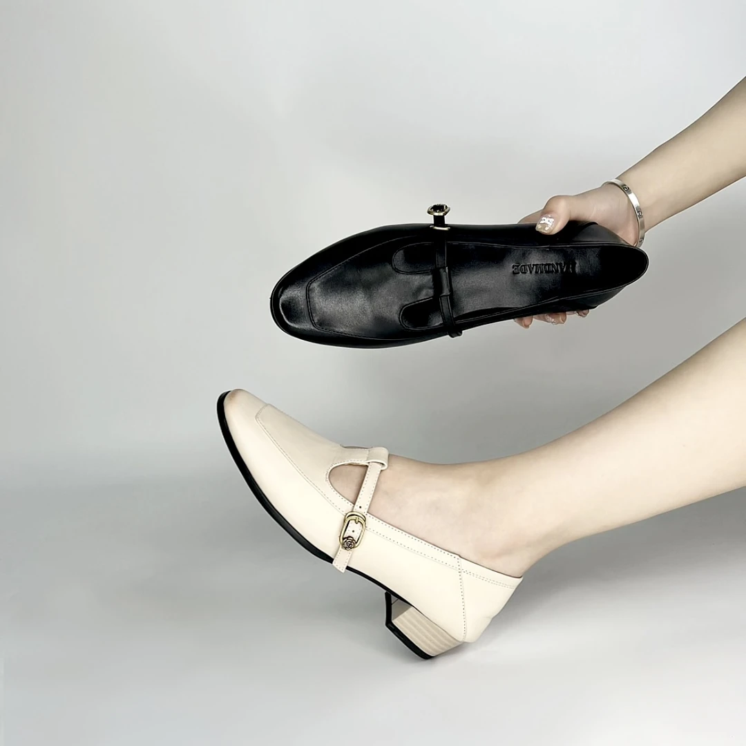 法式小众软底浅口单鞋2025春秋新款方头粗跟丁字带浅口小皮鞋