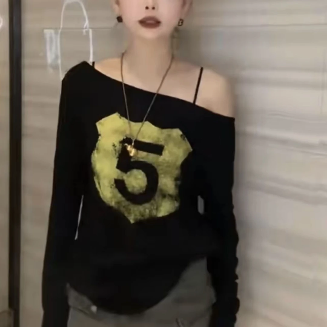 印花通勤长袖字母防晒休闲风T恤短款时尚显瘦黑色5211