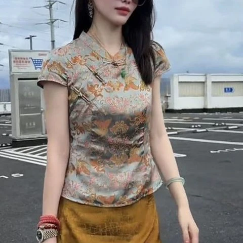 2025夏季复古风新款新中式轻薄女国风印花高级提花盘扣短袖衬衫