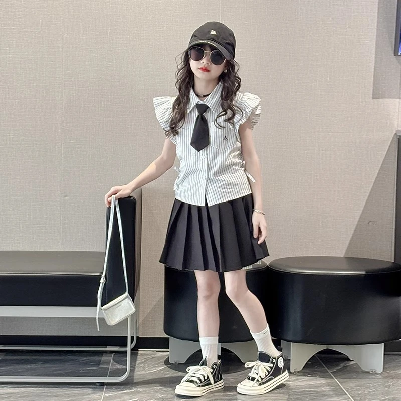 女童短袖衬衫学院风百褶裙套装2025夏装新款大童装女孩jk两件套裙