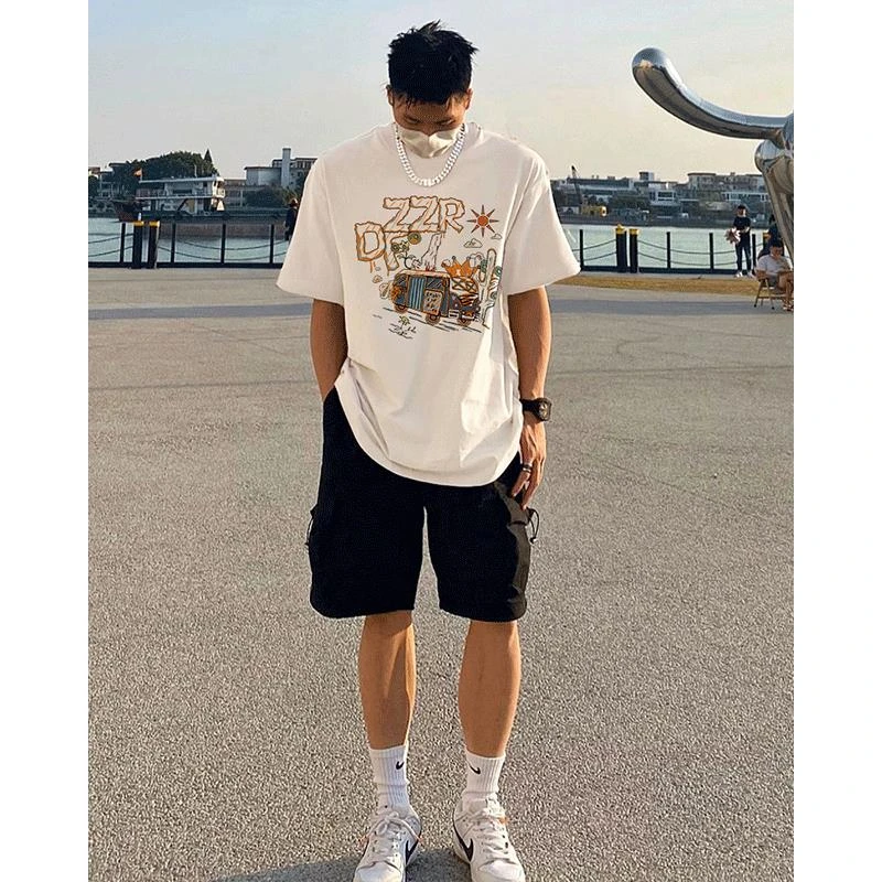 美式高街潮牌潮流宽松白色短袖T恤男款夏季纯棉重磅正肩半袖上衣