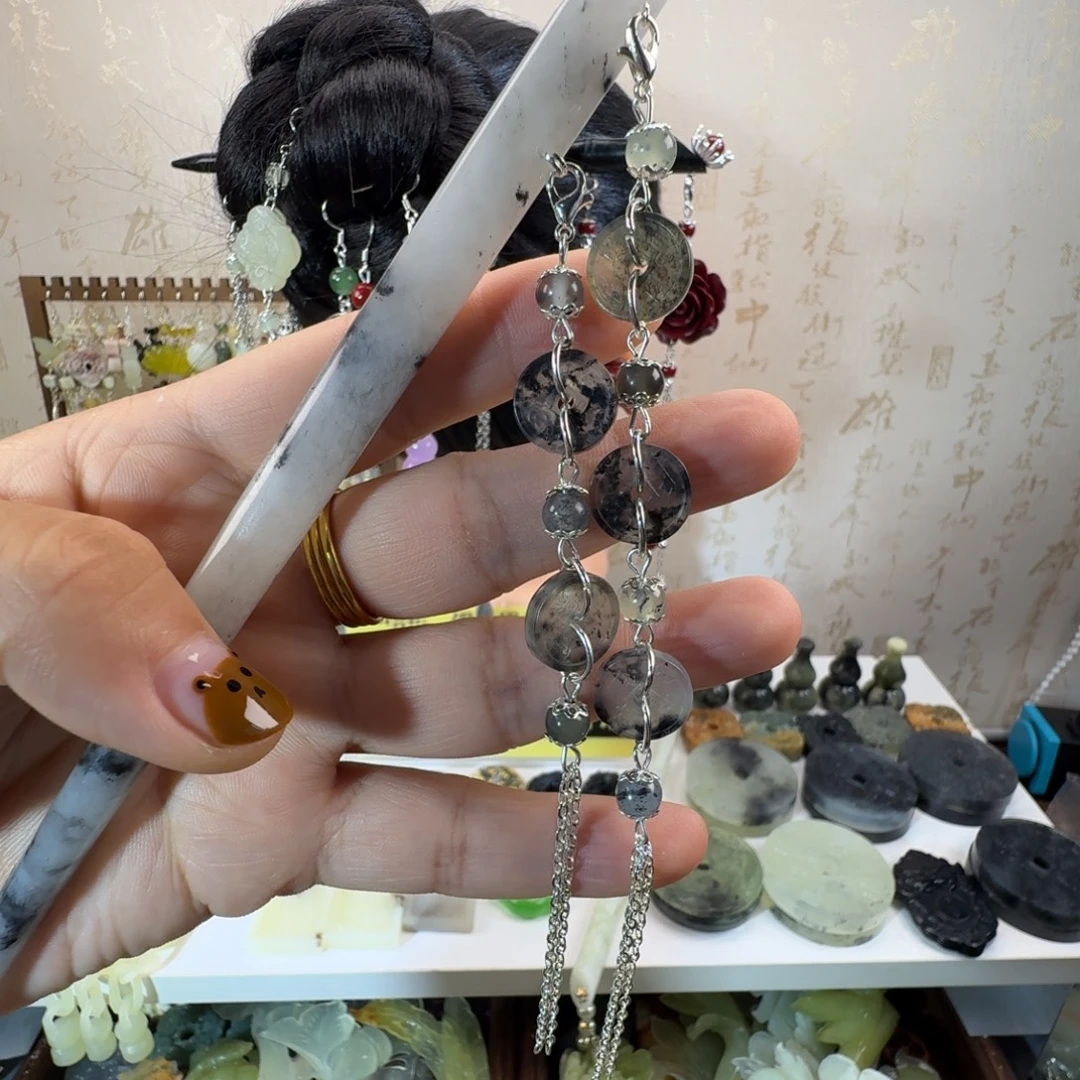 岫玉未镶嵌发簪新款五帝钱