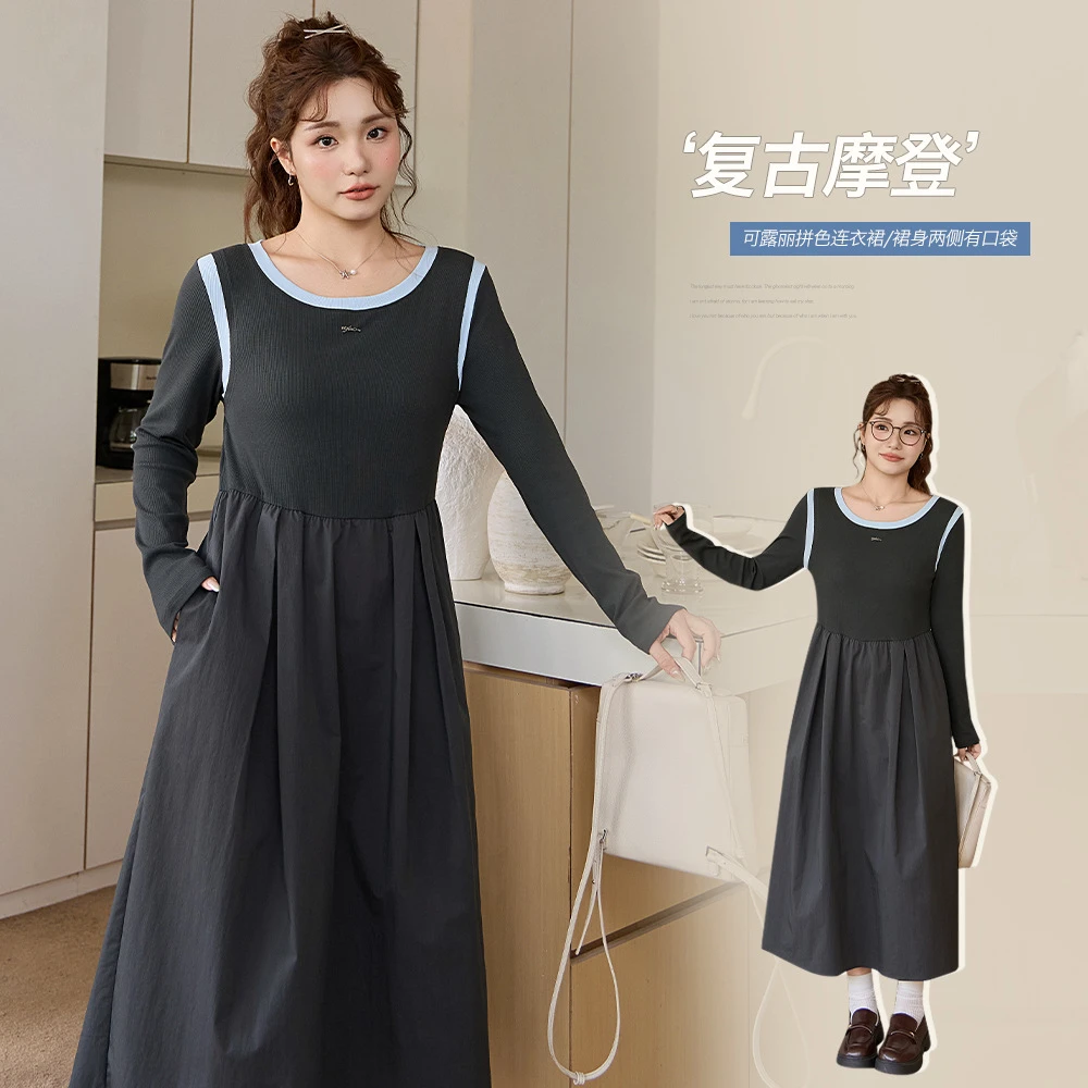大码小众别致灰色长袖连衣裙女秋季胖mm韩版收腰显瘦气质内搭长裙
