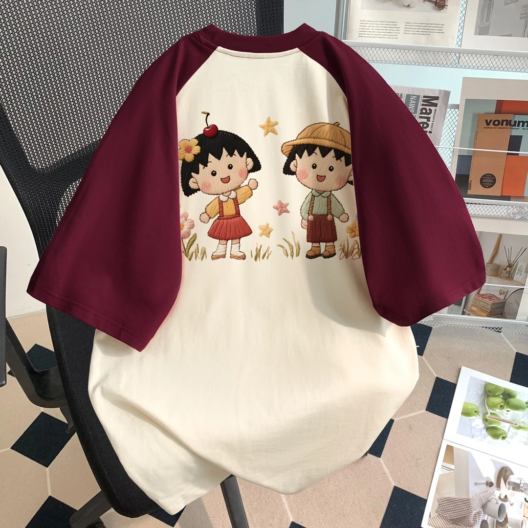 插肩袖女童短袖t恤纯棉可爱樱桃小丸印花夏季款中大童时髦上衣服