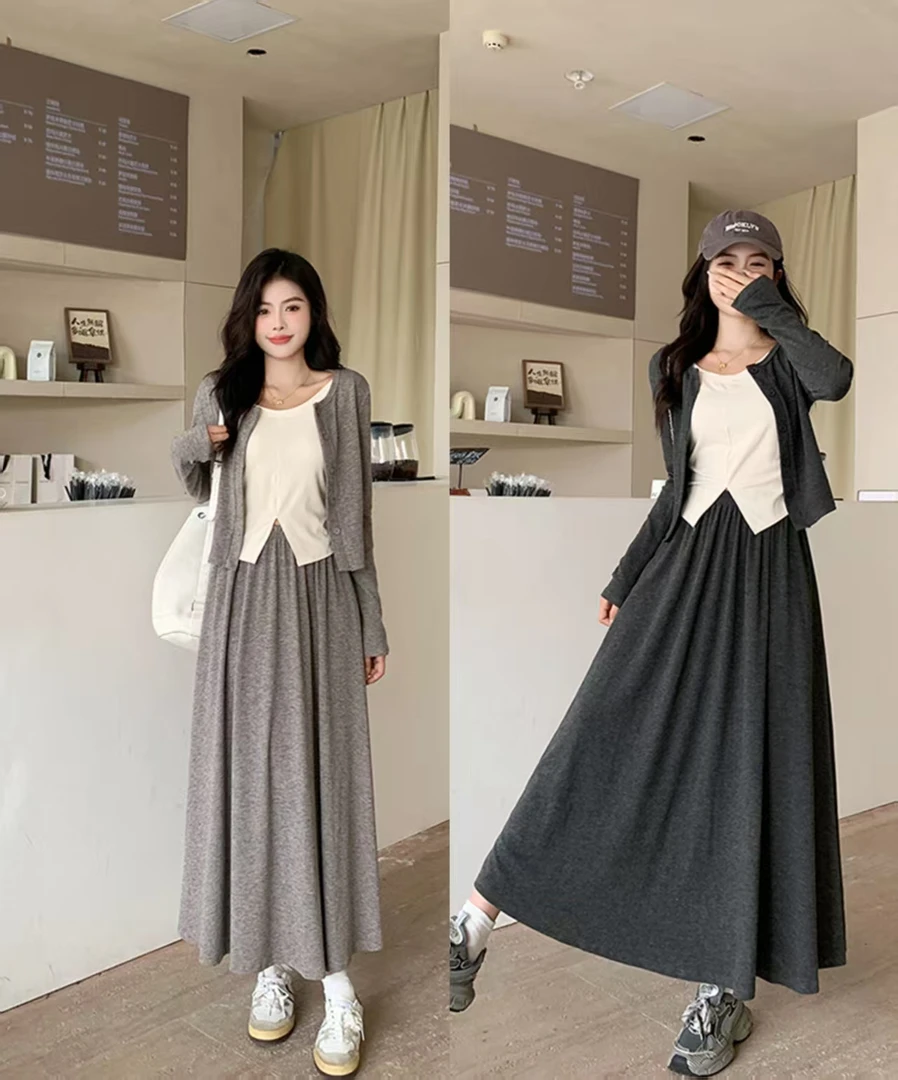 2025秋装新款女胖mm大码设计感显瘦上衣假两件套+半身裙套装20323