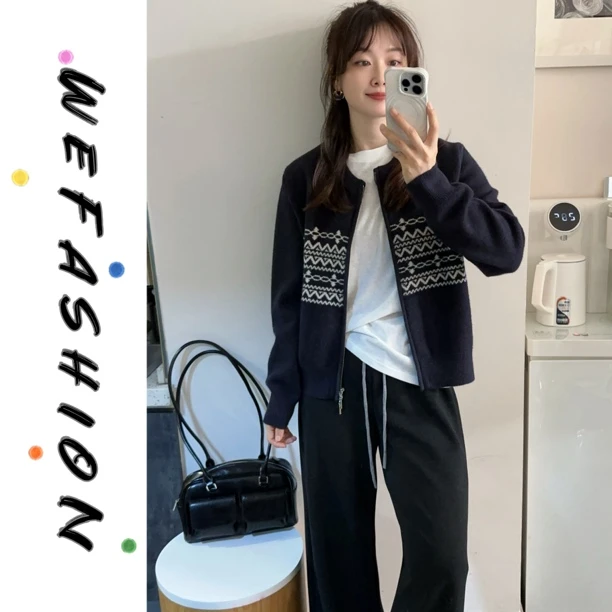 【WE】 圆领拼色提花·秋冬双拉链设计感开衫外套