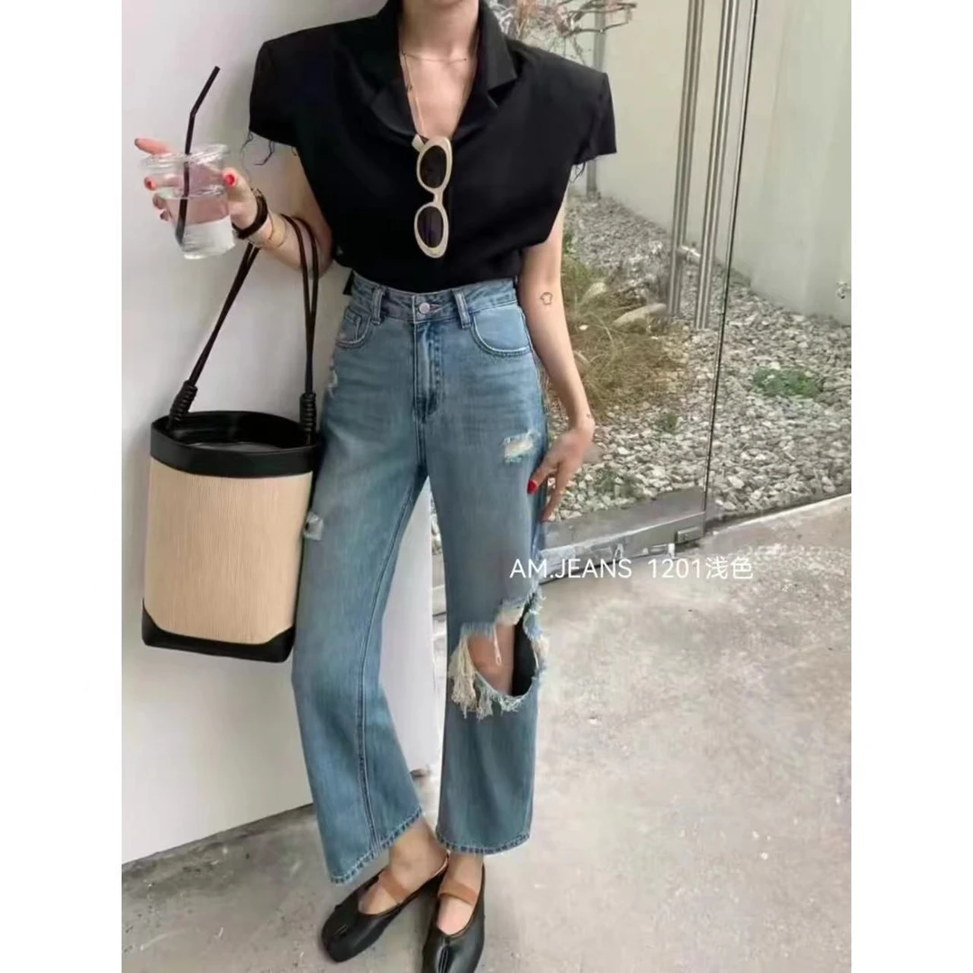 【1201】弹力高腰夏季牛仔裤复古修身百搭设计感气质显瘦