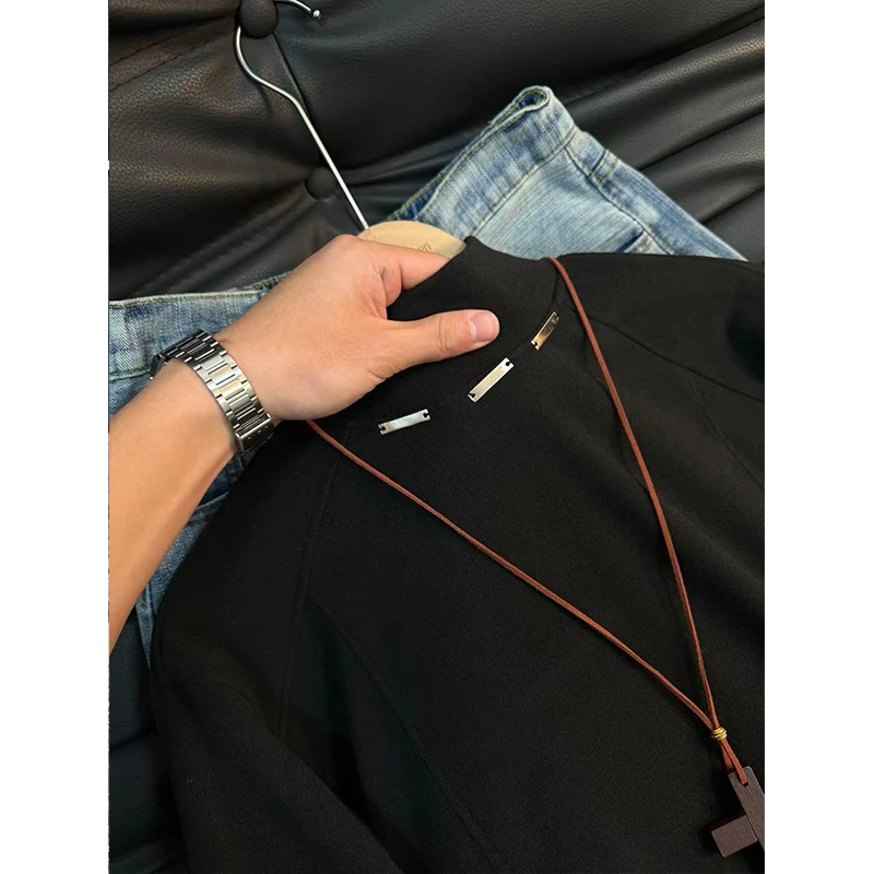 德绒金属扣解构正肩长袖T恤男秋冬潮牌宽松半高领内搭打底衫上衣