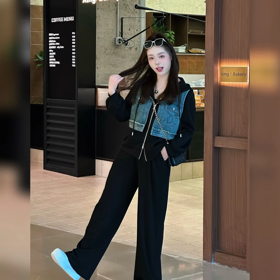 楠序【偶遇西雅图】魏魏微胖女装牛仔拼接假两件卫衣套装女NX13792