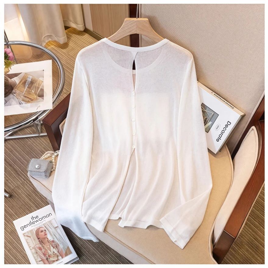 春夏季轻薄冰丝防晒针织衫女高级设计感后背纽扣开叉长袖防晒罩衫