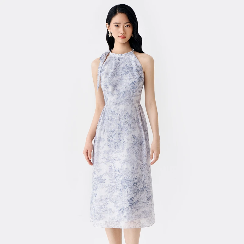 BuouBuou青花瓷提花钉珠海边度假风连衣裙女DLDG198