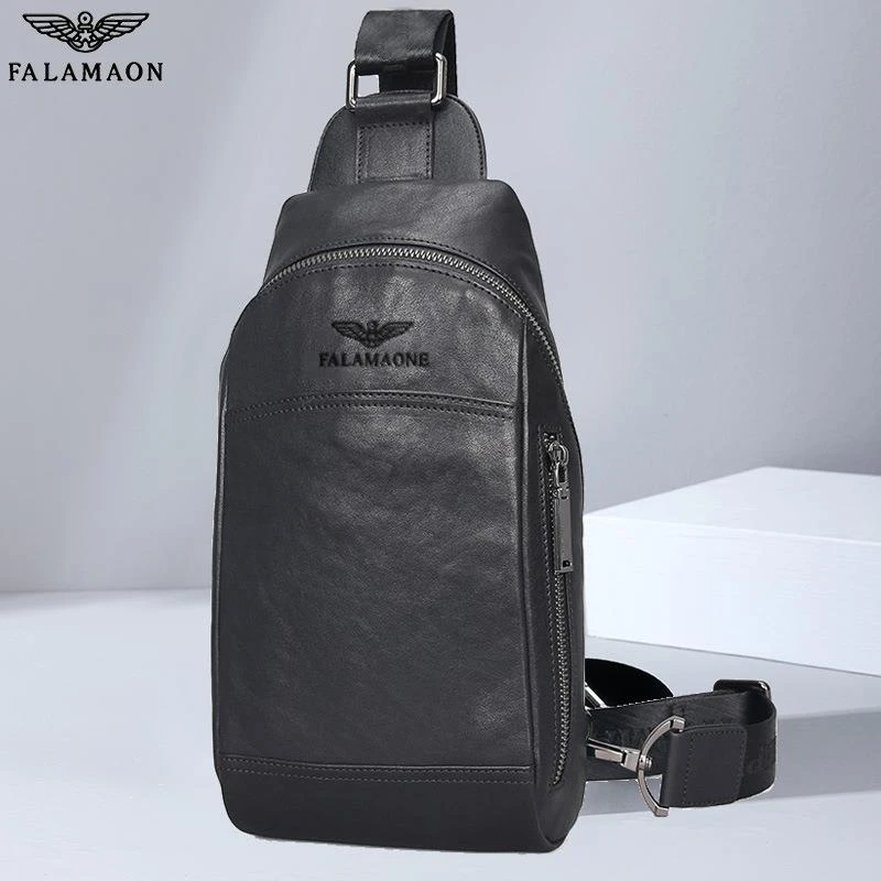 法莱阿玛尼真皮胸包男单肩斜挎包时尚休闲胸前商务背包肩包胸前包