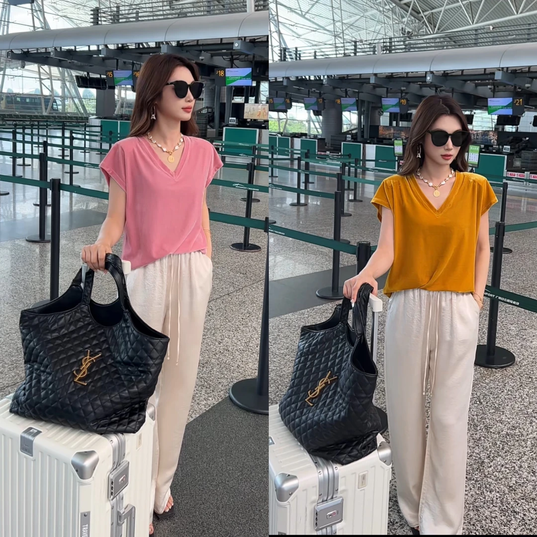 YS服饰夏季薄丝绒V领坎肩短袖T恤女新款宽松休闲垫肩纯色上衣
