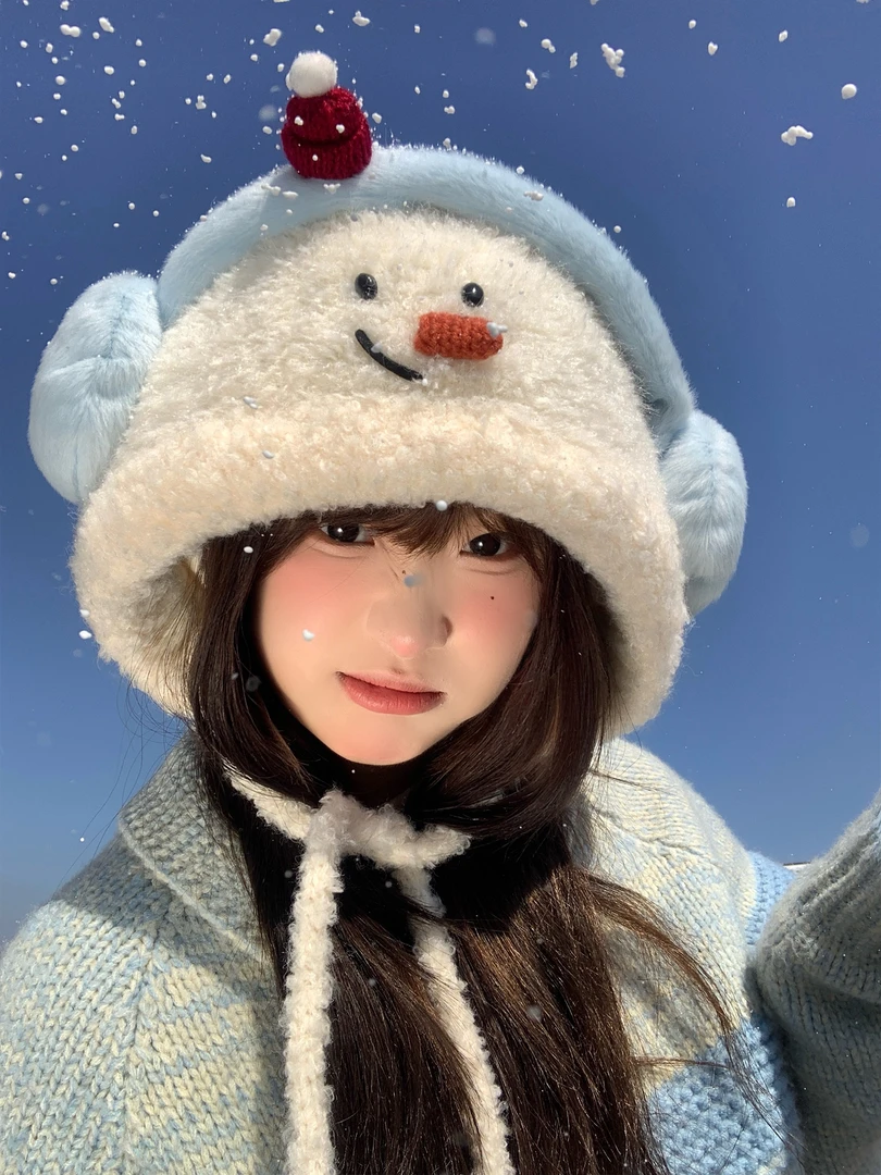 可爱毛绒卡通雪人针织雷锋帽子女秋冬大头围保暖毛线帽护耳套头帽