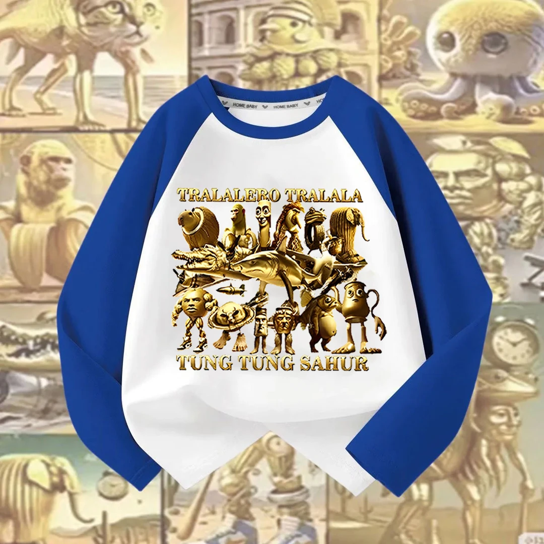 新款童装通通纯棉木棍春秋儿童国外中大童山海经上衣长袖T恤衣服