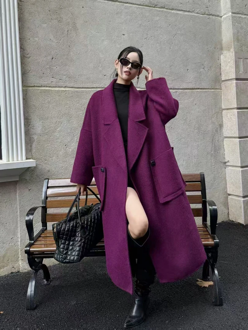 新款牦牛绒双面呢大衣宽松两粒扣时尚贴袋中长款秋冬