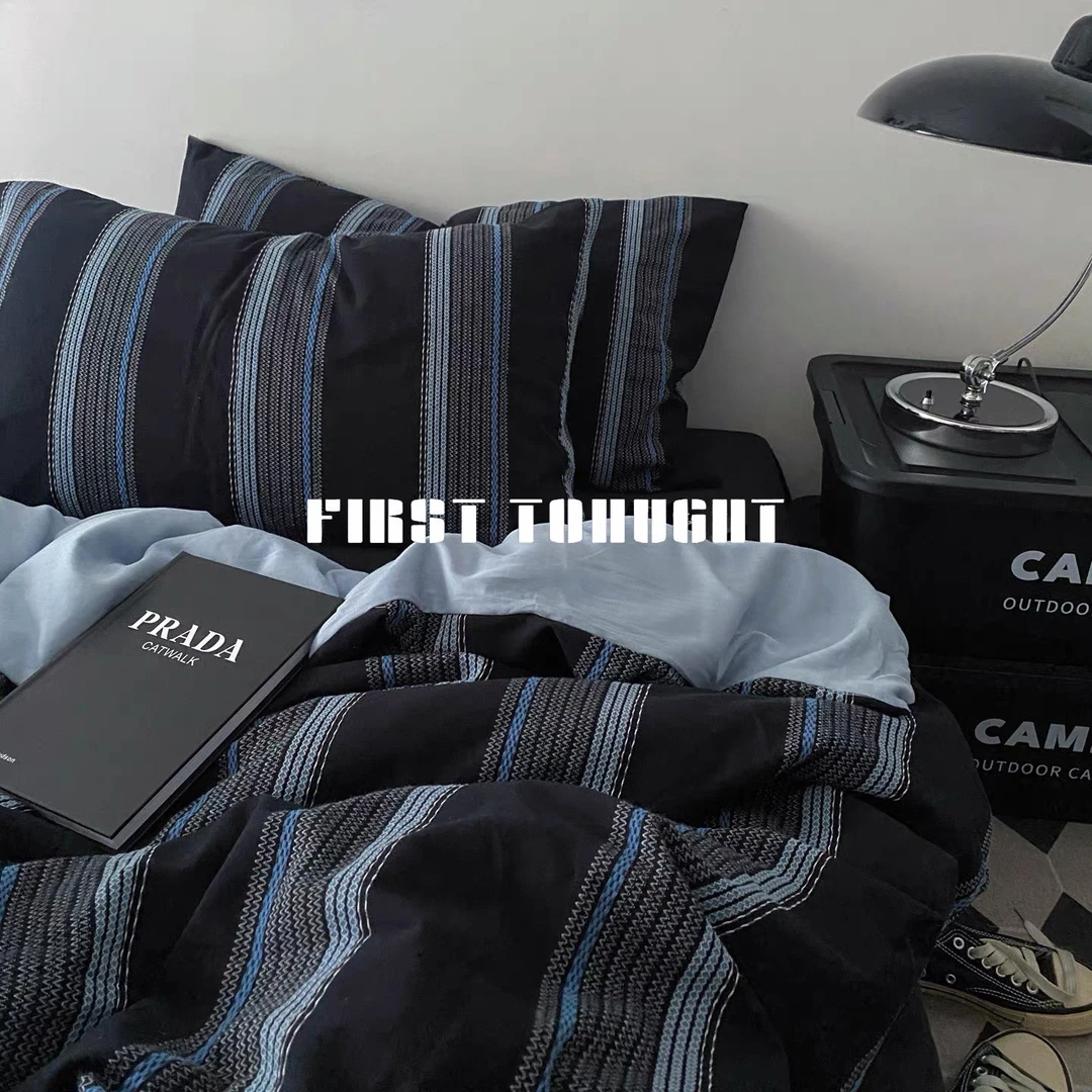 水星高端家纺ins复古风蓝黑条纹床上四件套简约床单被套学生宿舍