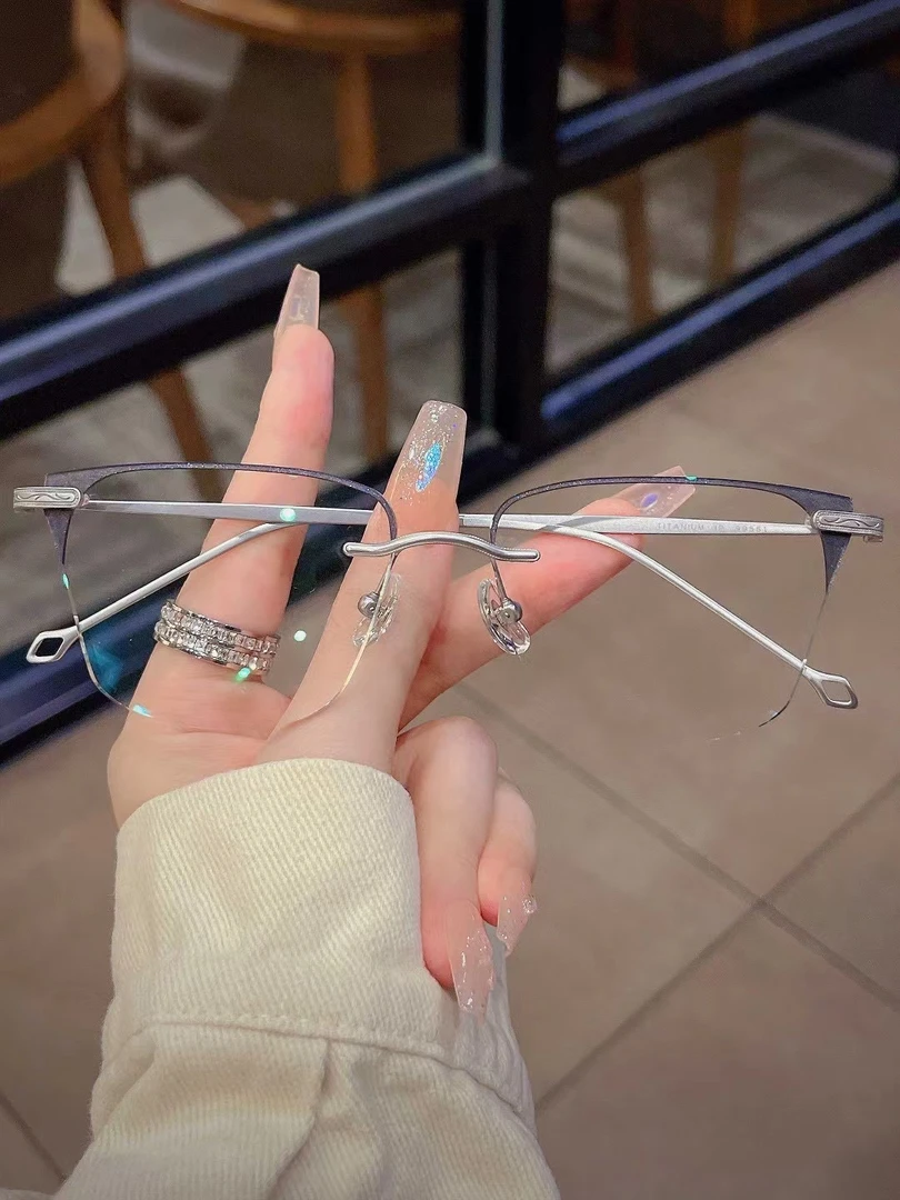 灰银色无框珐琅彩男款复古眉毛纯钛平光配度数防蓝光防雾变色眼镜