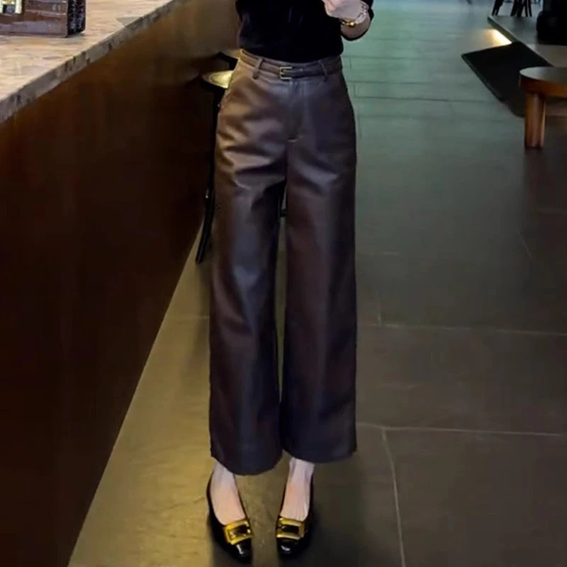 高级感咖色pu质感皮裤女2025秋冬新款阔腿裤秋季九分休闲直筒裤子