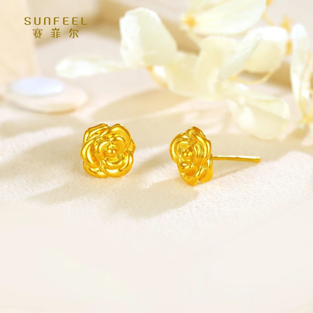 SUNFEEL/赛菲尔【四店】足金5D金玫瑰花时尚耳钉5DE00379