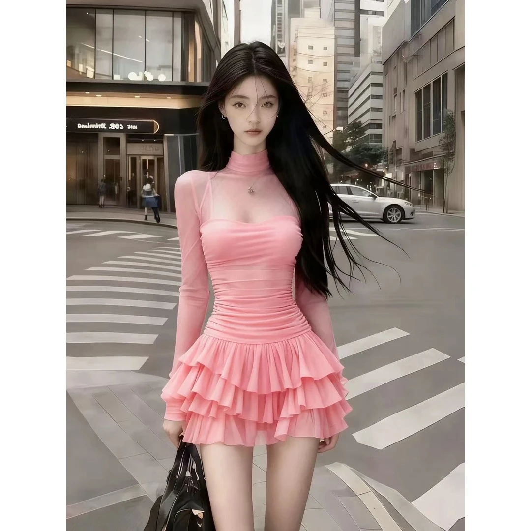 轻奢气质名媛纯欲风粉色半高领网纱拼接微透氛围感气质辣妹连衣裙