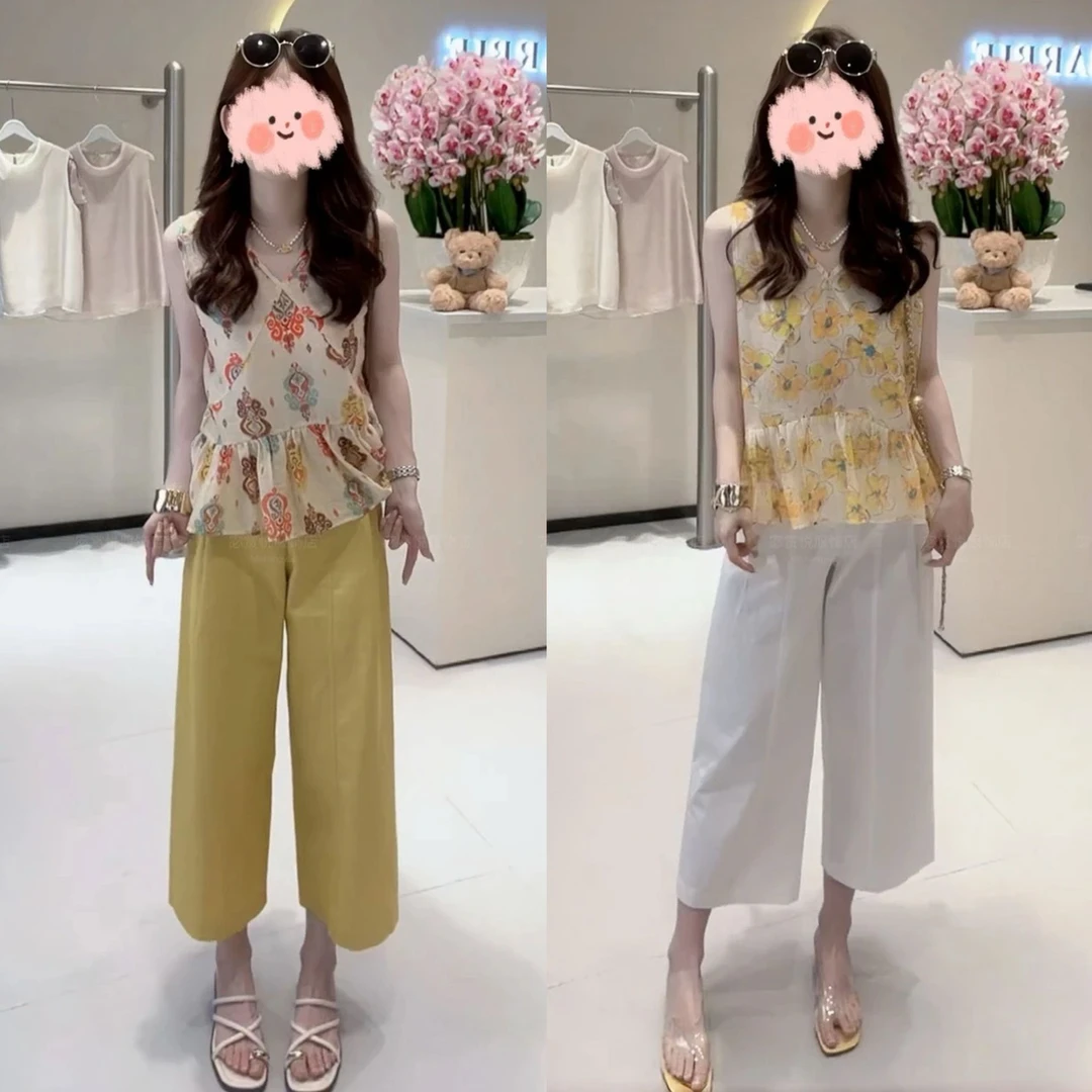 2025夏季新款法式V领复古度假风减龄无袖显瘦上衣百搭直筒裤套装