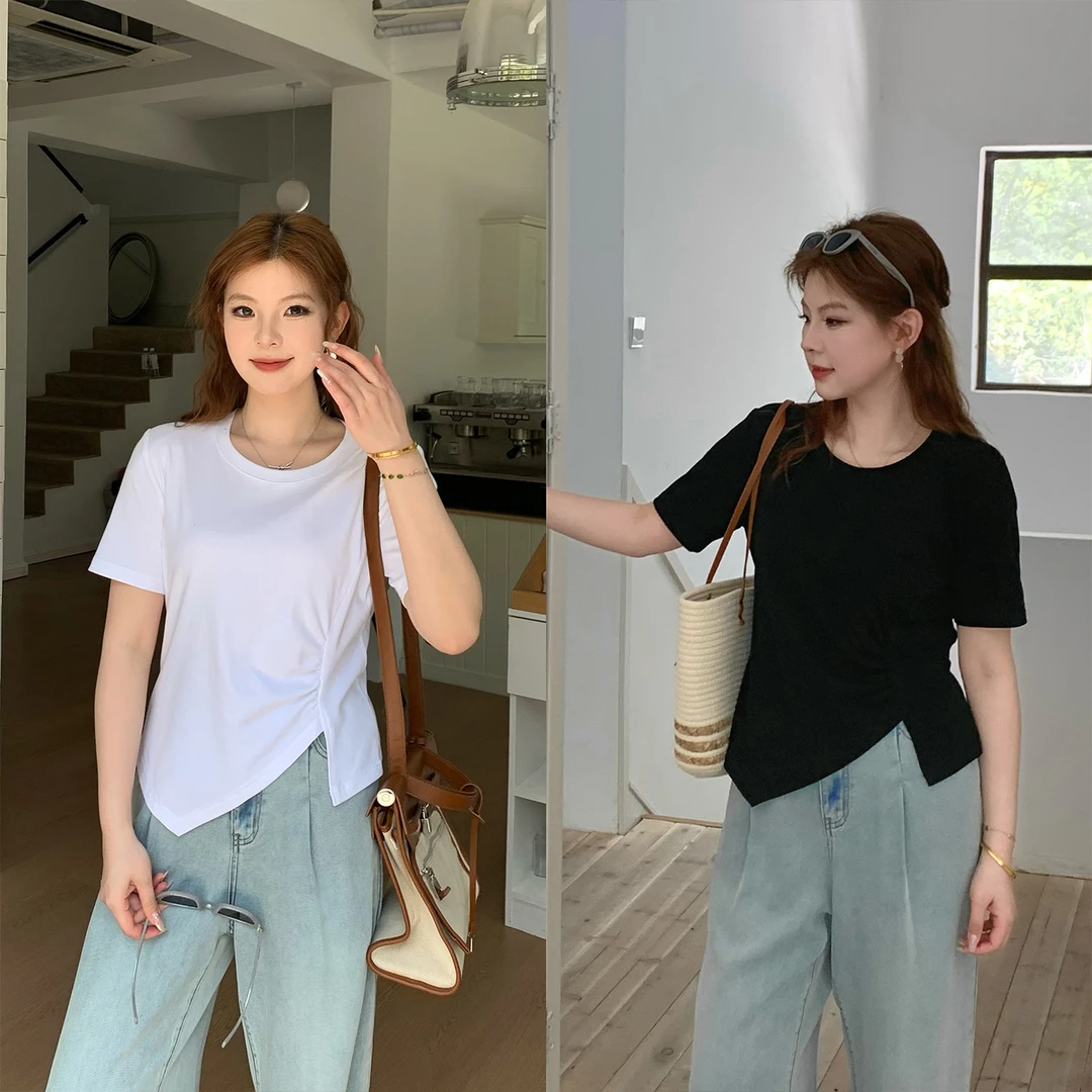 裂渡宣宣【平行线】微胖大码女夏气质百搭显瘦不对称T恤ZY504A27