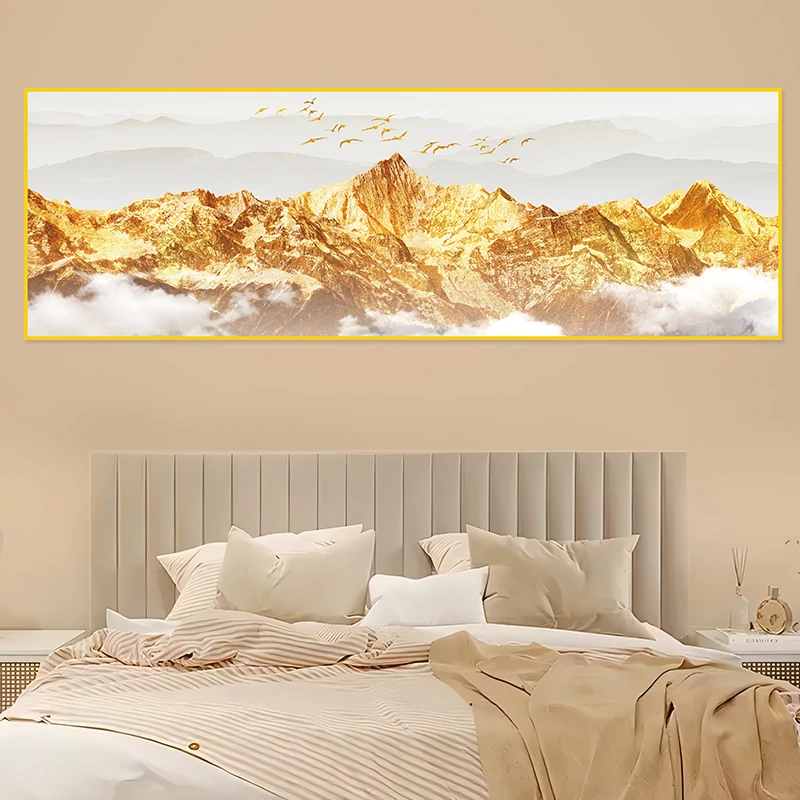 背靠日照金山挂画床头朝西贴画金鹿迎福主卧室画床头画自粘装饰画