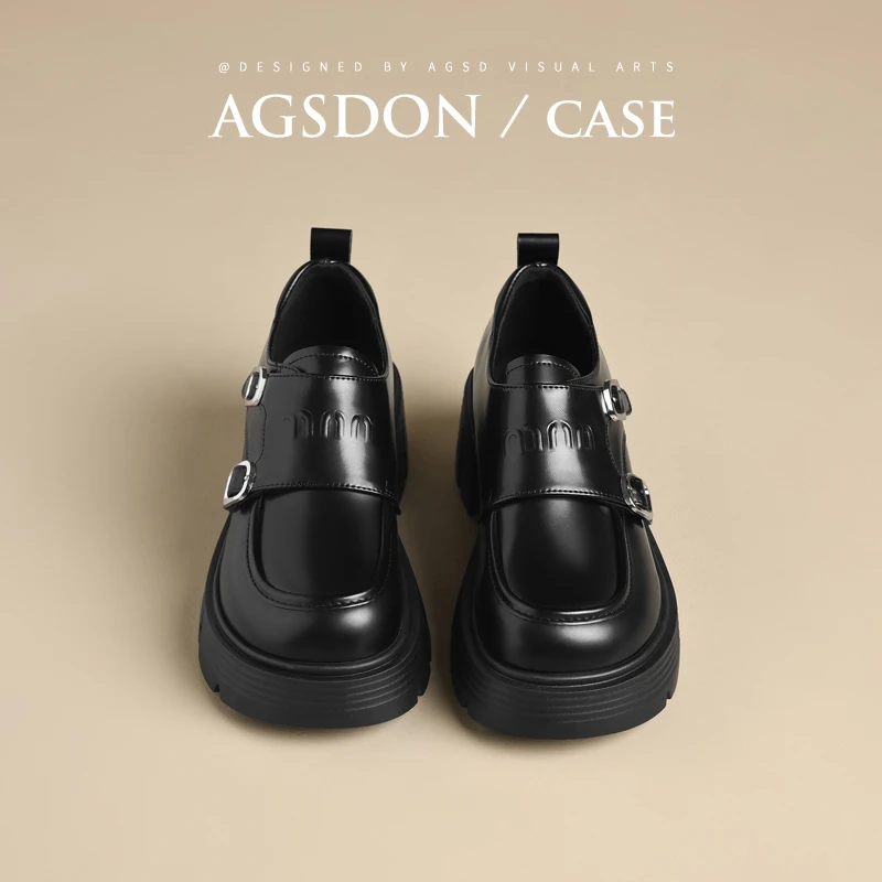 奥古狮登厚底乐福鞋女2025春季黑色增高单鞋时尚英伦风小皮鞋H