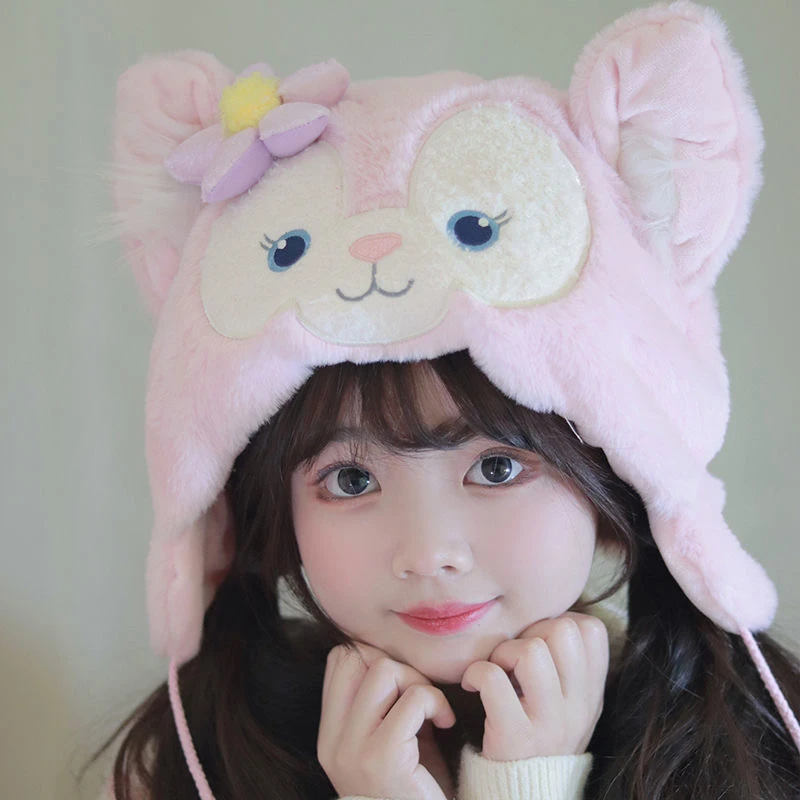 日系可爱厚毛绒帽子女秋冬季防寒保暖甜美网红卡通加绒小熊护耳帽