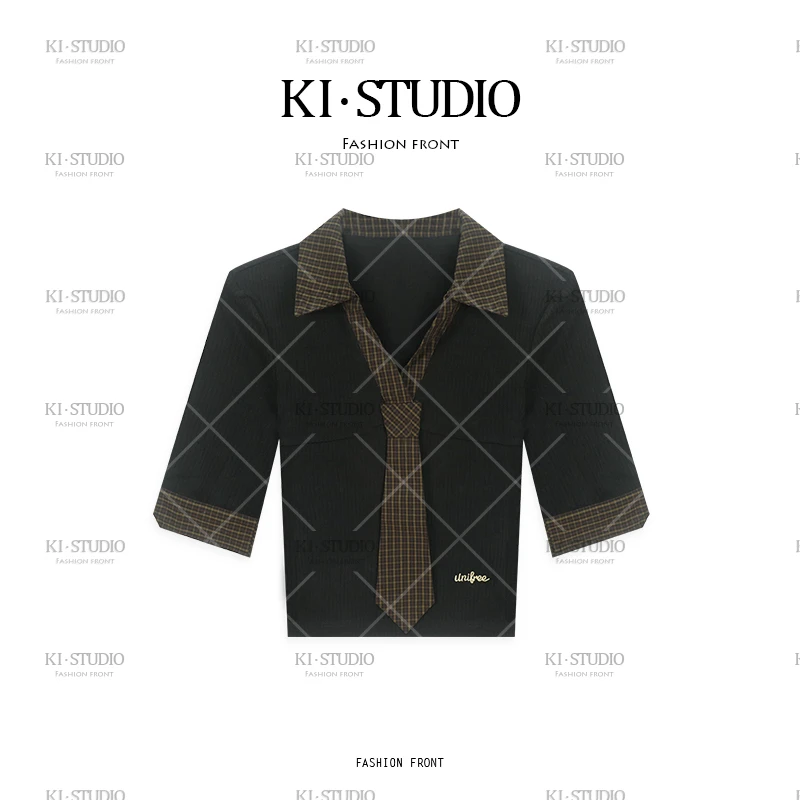 短袖V领拼接五分袖修身耐磨T恤休闲短款运动风欧美风KI-2122