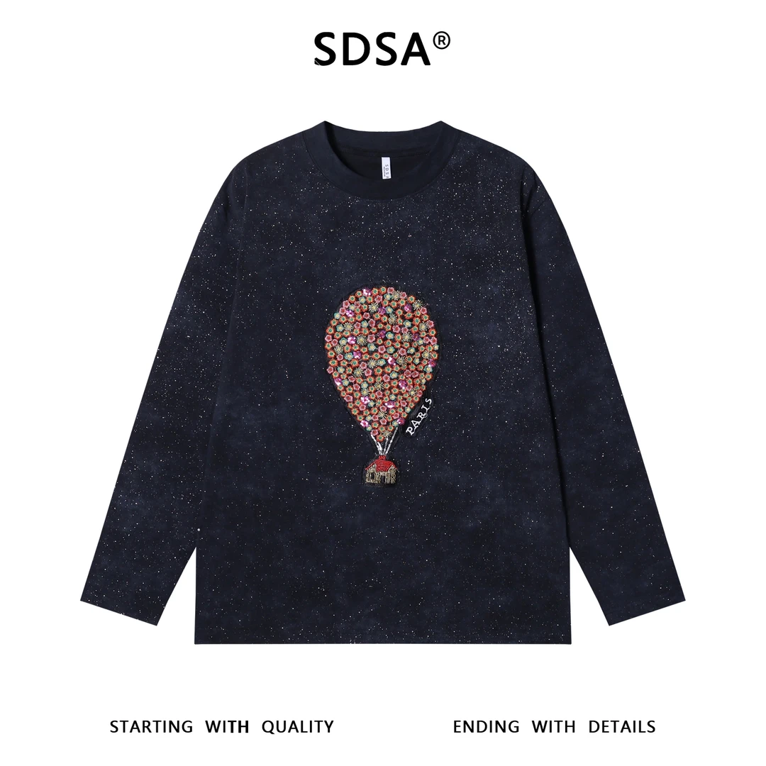 秋季高级感新款男装潮牌重工刺绣花朵热气球长袖T恤满天星上衣