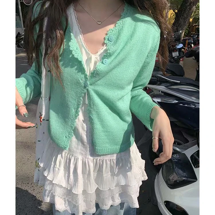 韩系慵懒苹果绿色浣熊绒毛衣外套女春秋高级感外搭多巴胺针织开衫