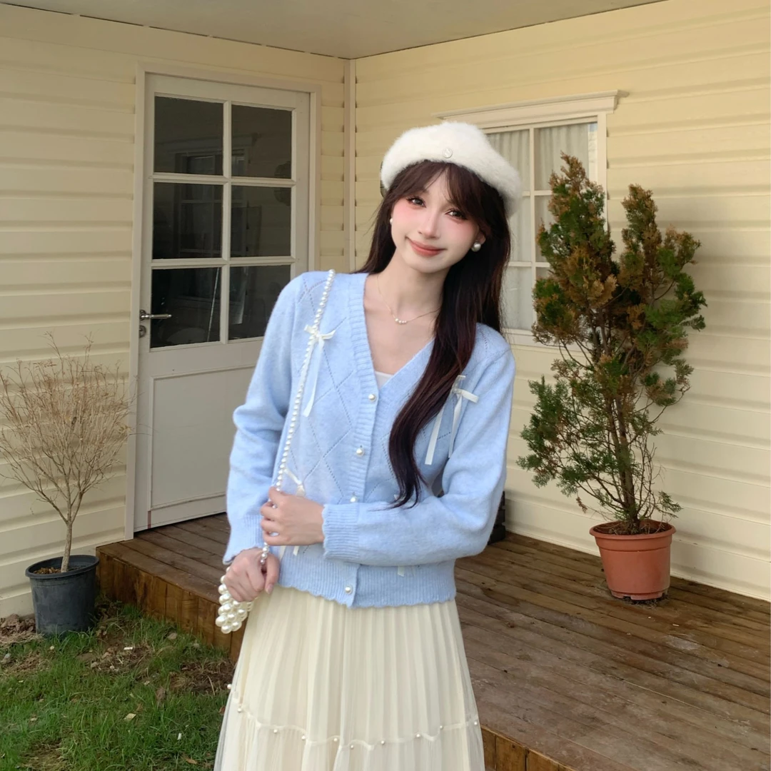 【粉丝专属】TU28726浅色系百搭毛衣上新蝴蝶结针织开衫外套上衣