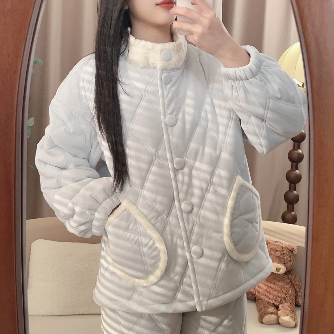 [6368] 三层夹棉睡衣长袖加厚冬季家居服套装甜美风韩版女士