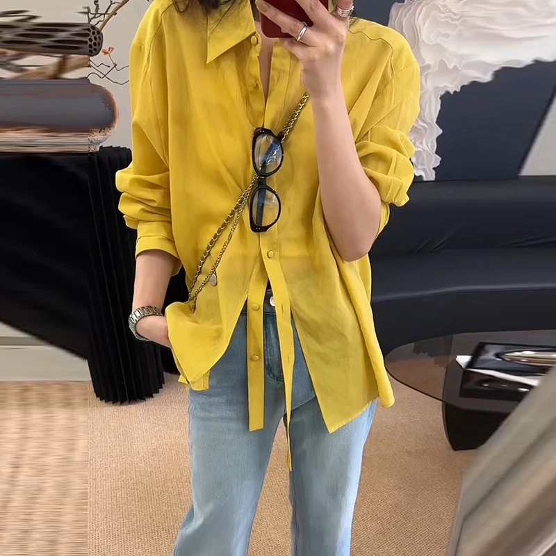 港风POLO领衬衣黄色长袖衬衫女2025新款初春季设计感小众上衣女士