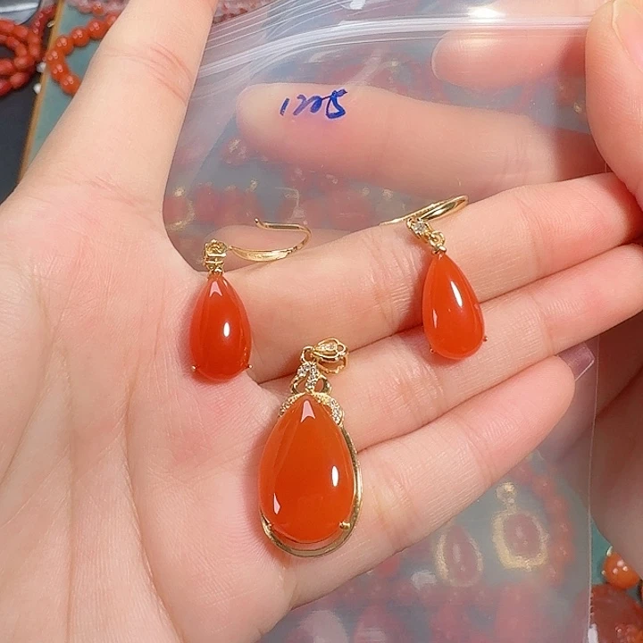 南红玛瑙银S925镶嵌一套