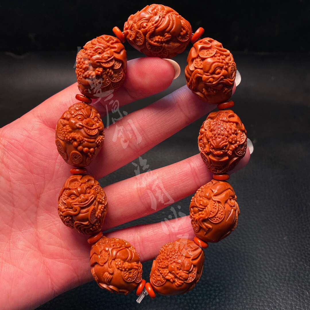 1.8金蟾铁核手串橄榄核雕刻文玩念珠手链工艺品核雕手把件男士