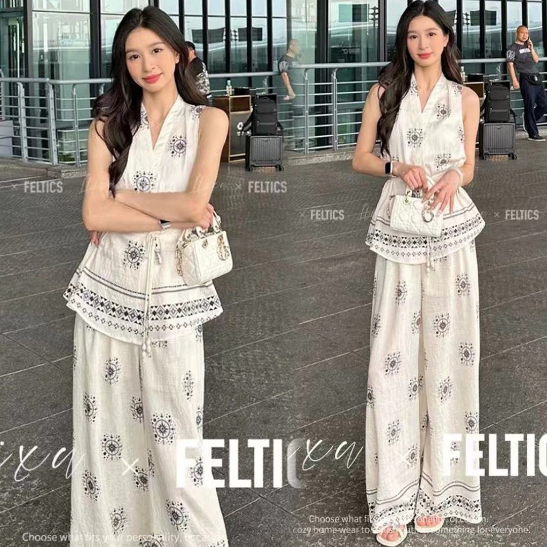 复古印花套装女2025夏季新款洋气显瘦收腰无袖马甲阔腿裤两件套潮
