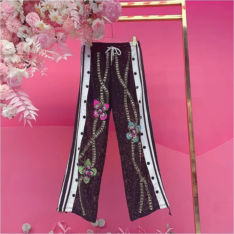 A2091欧美设计师2025夏季新款重工钉珠刺绣亮片花朵条纹边蕾丝裤