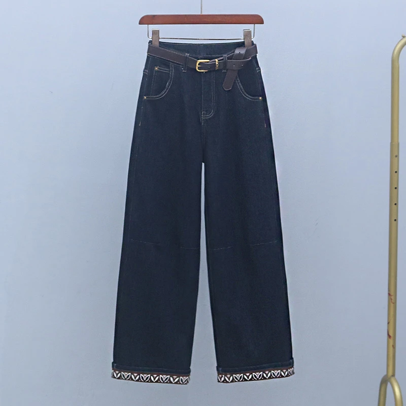 春秋印花高腰显瘦窄版直筒长裤2025年新款深蓝色阔腿裤潮流牛仔裤