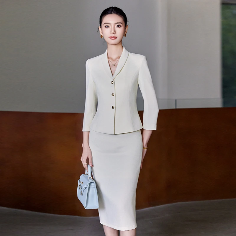 时尚套装面试西装套装时尚气质正装修身宴会白色女神范中袖