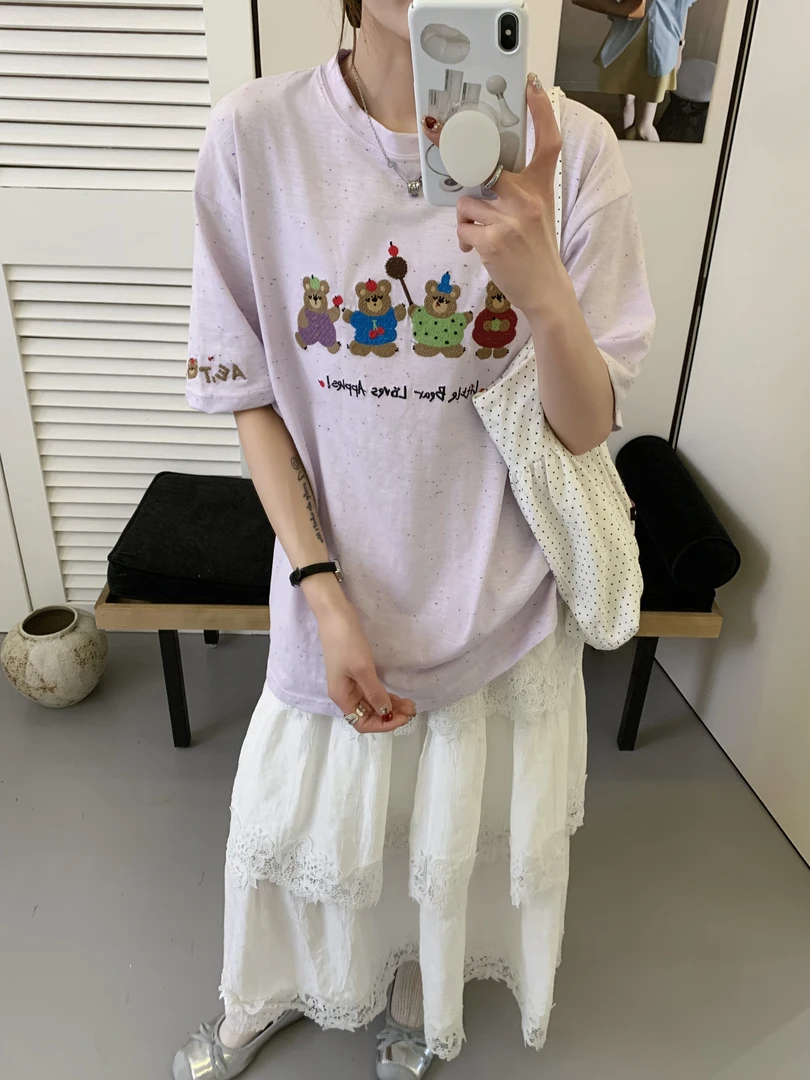 程程甄选 韩系简约百搭彩点棉刺绣小熊T恤905