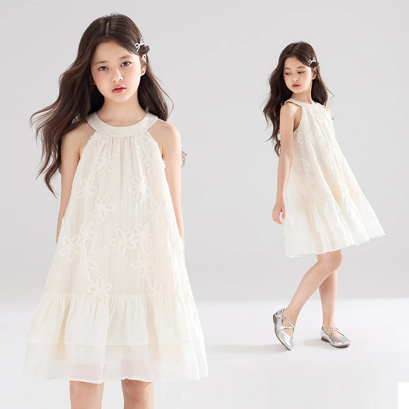 MUCMUKN木可童装立体花朵盘带绣法式挂脖连衣裙女童夏新M52XQ5133