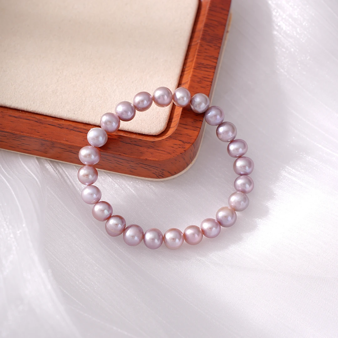 7-8mm天然淡水珍珠弹力绳全珠紫色手链0063-2