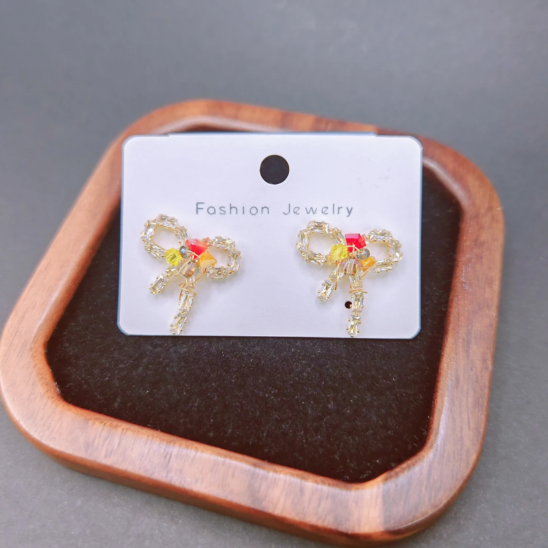铜合金锆石耳饰 035  镀K金 彩色锆石蝴蝶结耳钉  S925银针