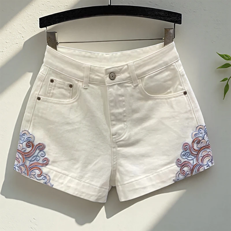 复古时尚弹力女短裤时尚薄款夏季高腰刺绣阔腿宽松牛仔短裤女外穿