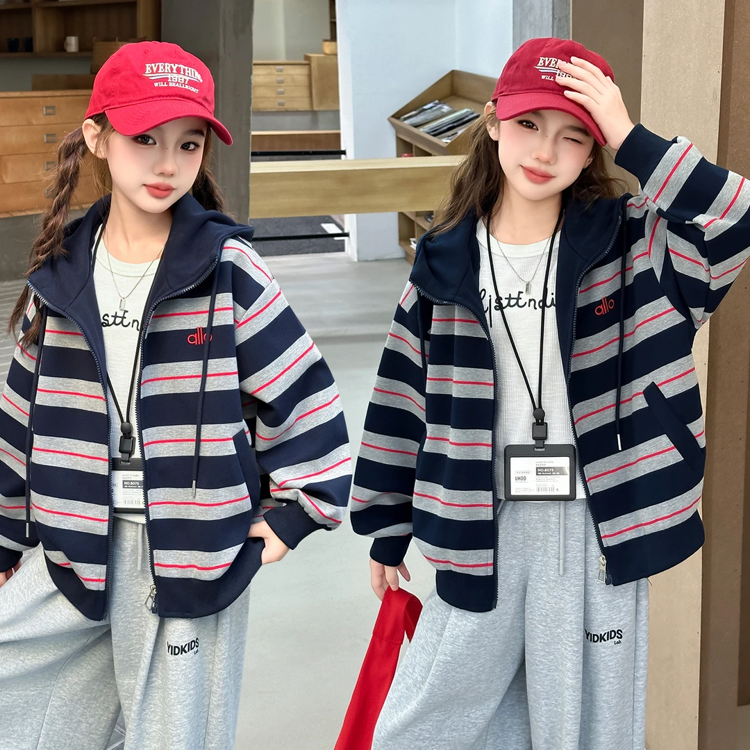 女童春秋款韩版休闲条纹连帽外套中大童时髦洋气儿童秋装网红卫衣