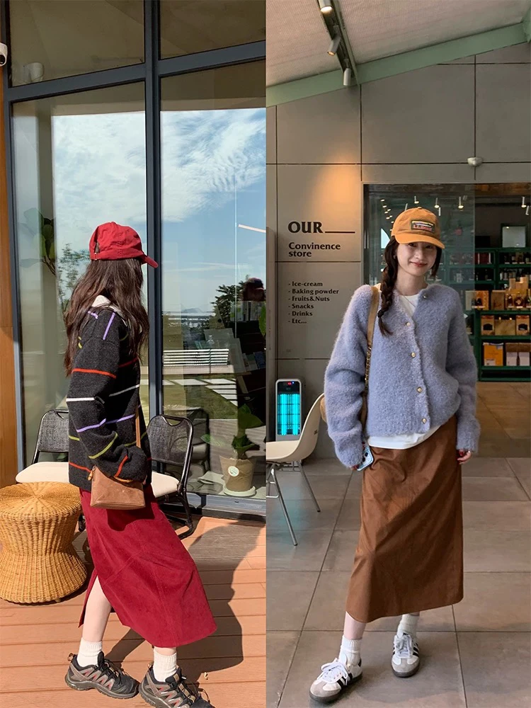 酒红色设计A字开叉半身裙秋冬灯芯绒高腰裙高腰显瘦包臀裙女